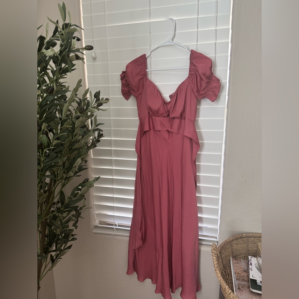 Pink petal & pup midi silk dress square neck
